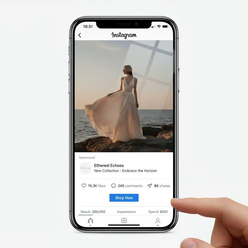 Interface publicitaire Instagram sur smartphone avec métriques engagement