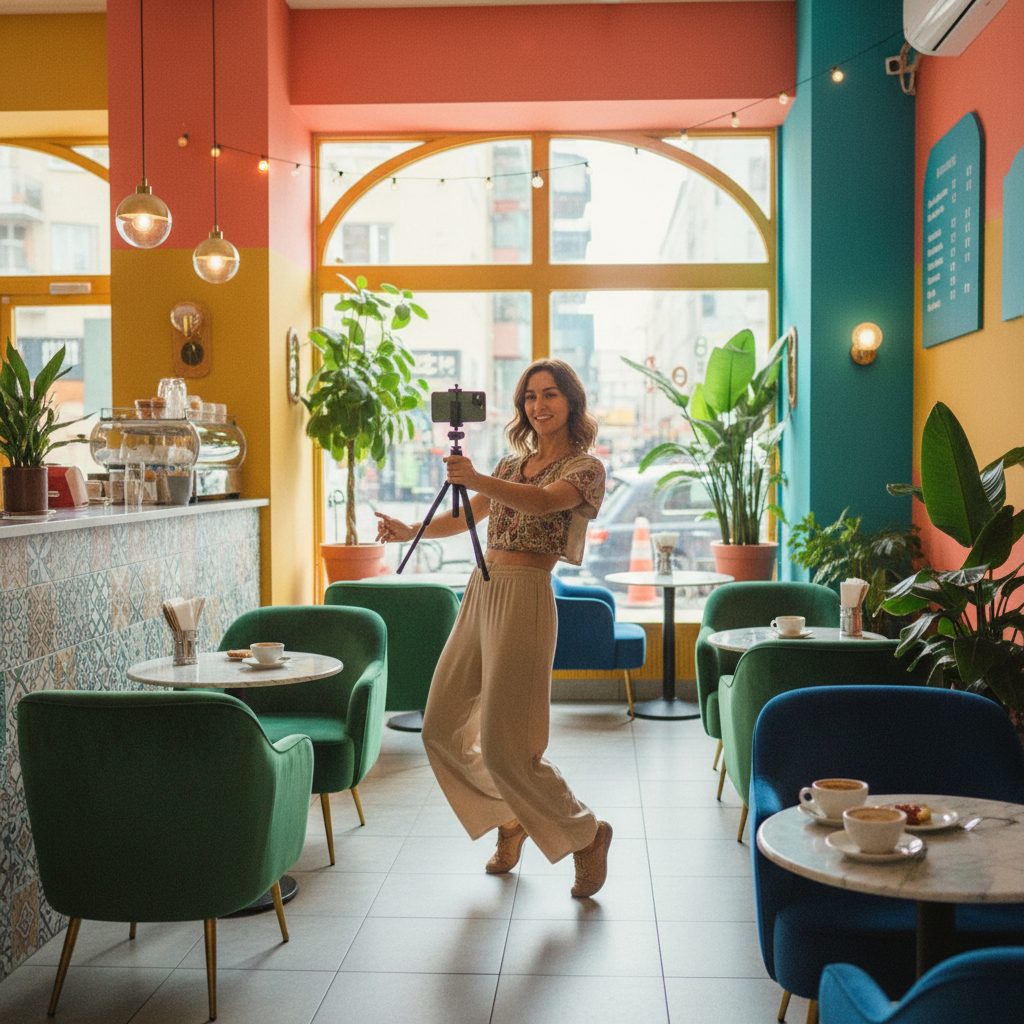 Jeune femme enregistrant une vidéo courte dans un café tendance
