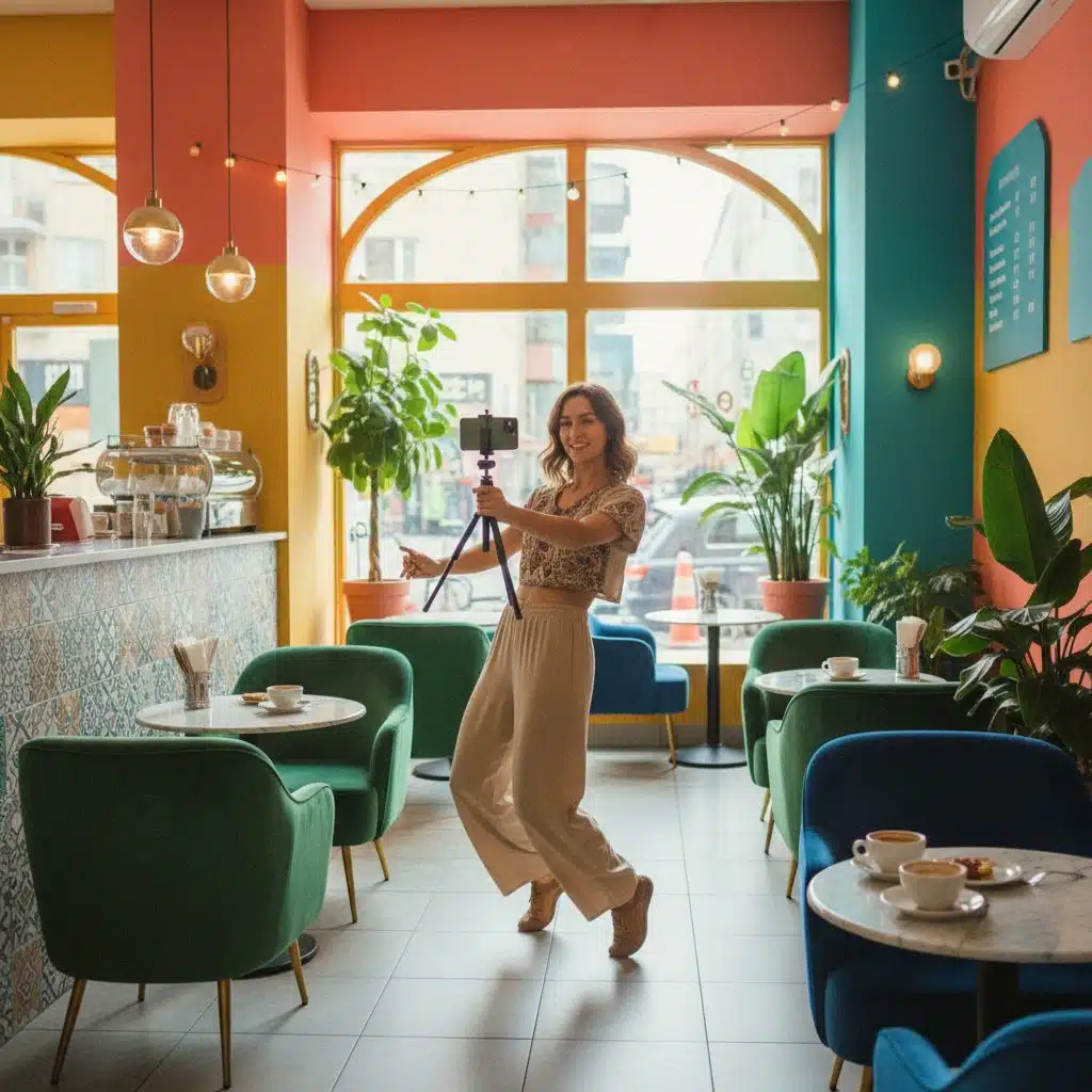 Jeune femme enregistrant une vidéo courte dans un café tendance