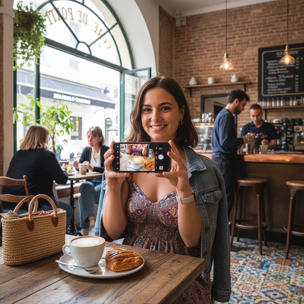 Micro-influenceuse creant du contenu authentique dans un cafe a Marseille