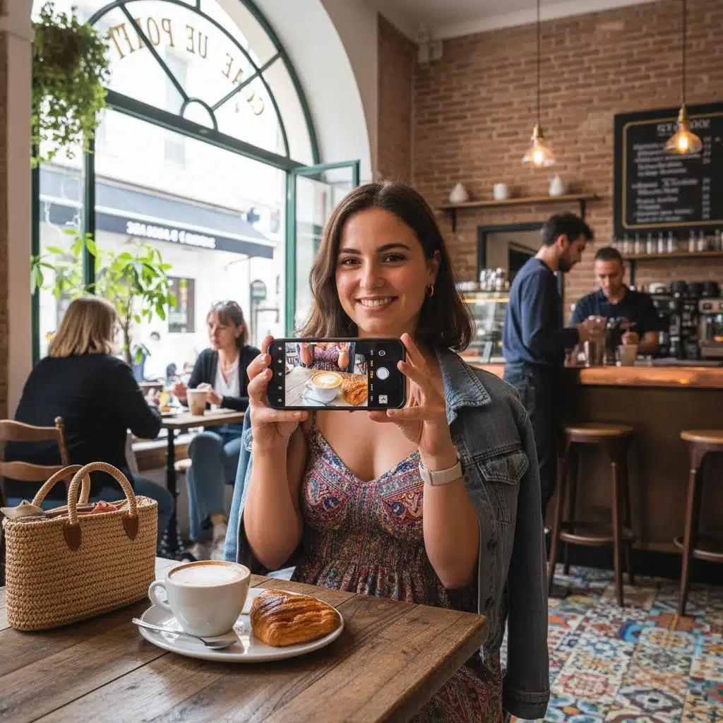 Micro-influenceuse créant du contenu authentique dans un café à Marseille