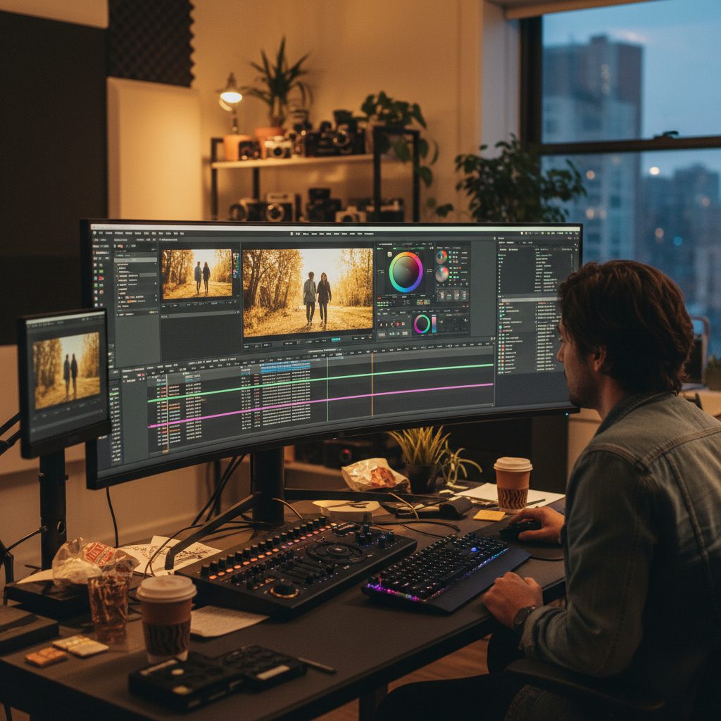 Monteur vidéo travaillant sur la post-production et le color grading