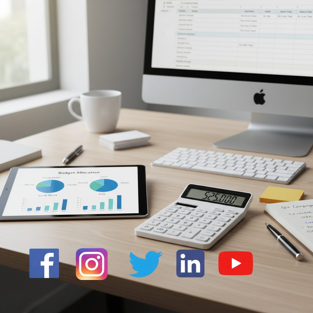 Planification du budget publicitaire avec calculatrice et graphiques