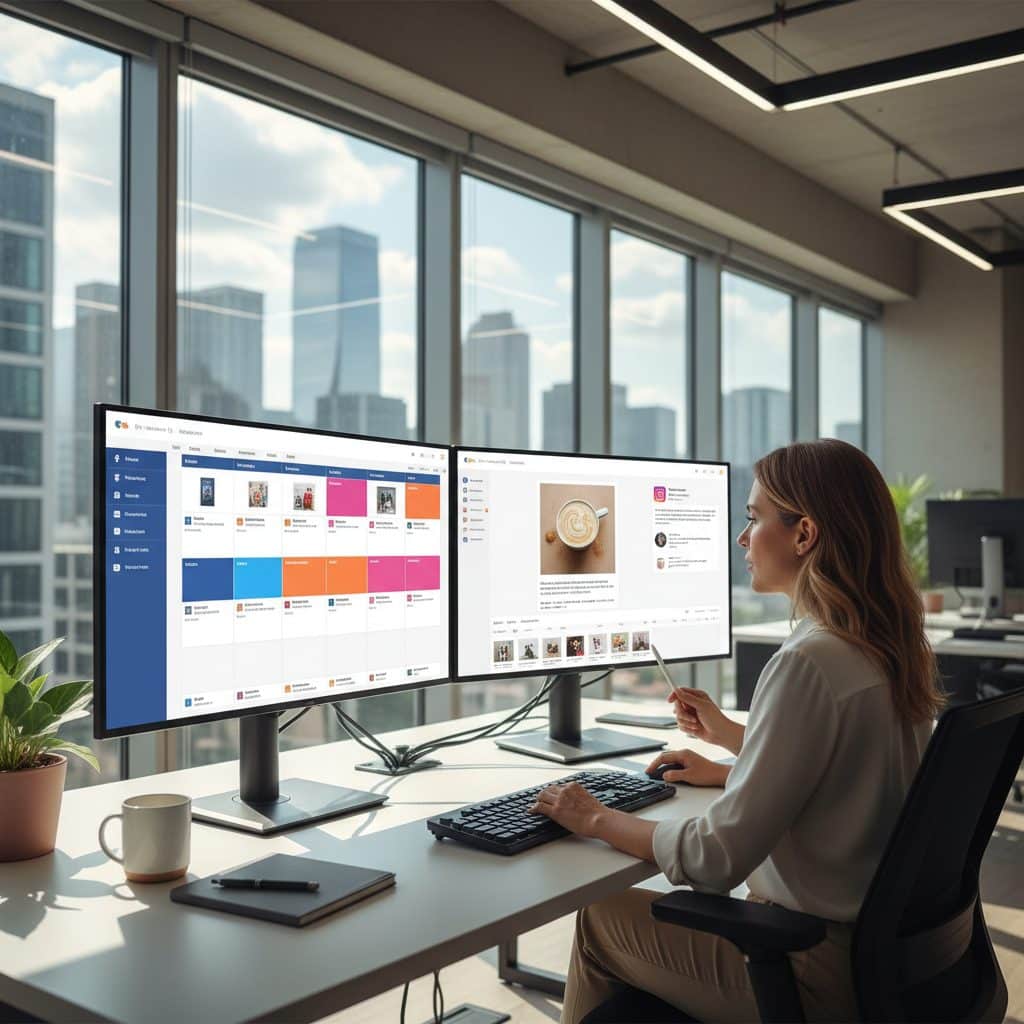 Professionnelle planifiant du contenu social media sur double écran