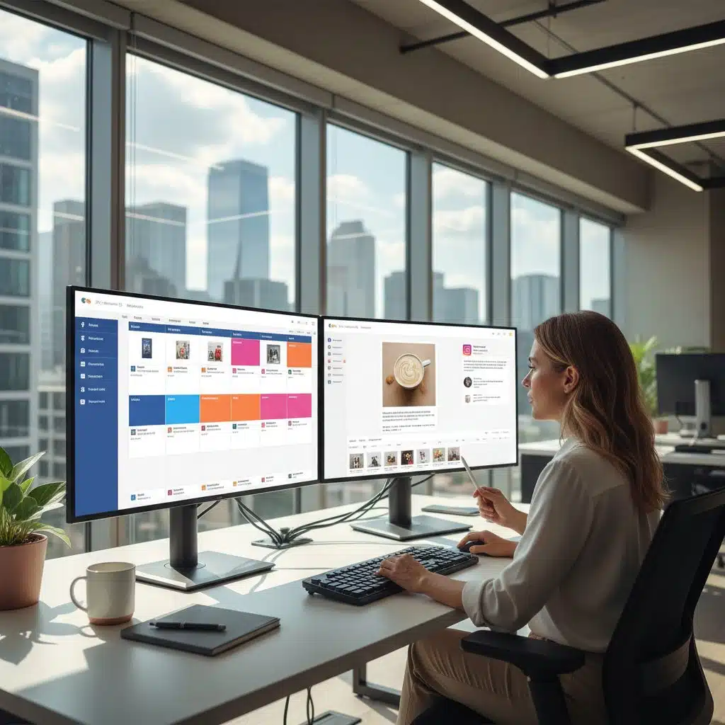 Professionnelle planifiant du contenu social media sur double écran