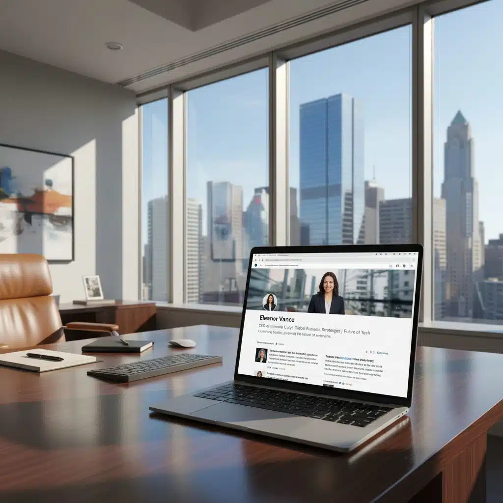 Profil LinkedIn professionnel affiché sur un écran de bureau