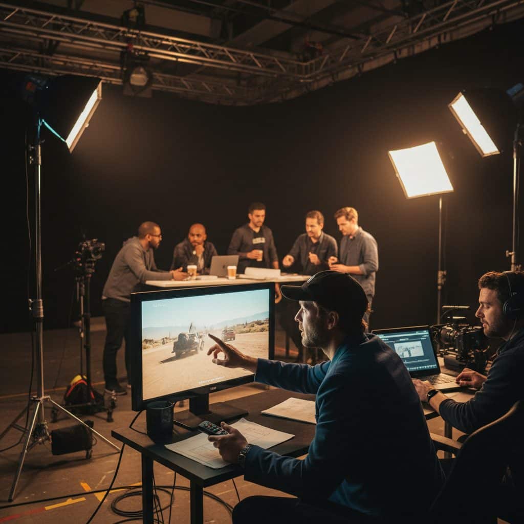 Réalisateur révisant les rushes sur un moniteur de contrôle en studio