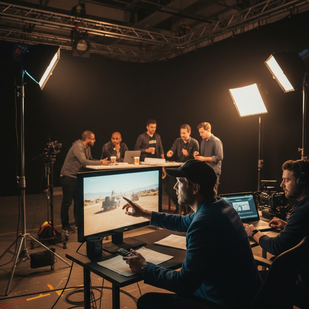 Réalisateur révisant les rushes sur un moniteur de contrôle en studio