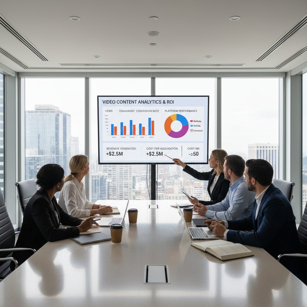 Réunion stratégie vidéo avec analyse ROI et données sur grand écran