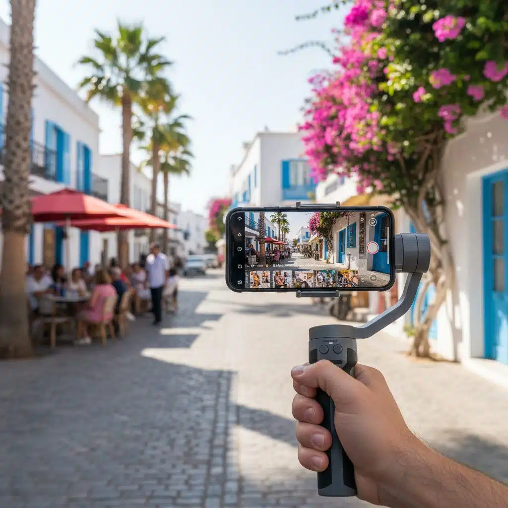 Smartphone sur gimbal filmant un Reel en extérieur dans une rue méditerranéenne