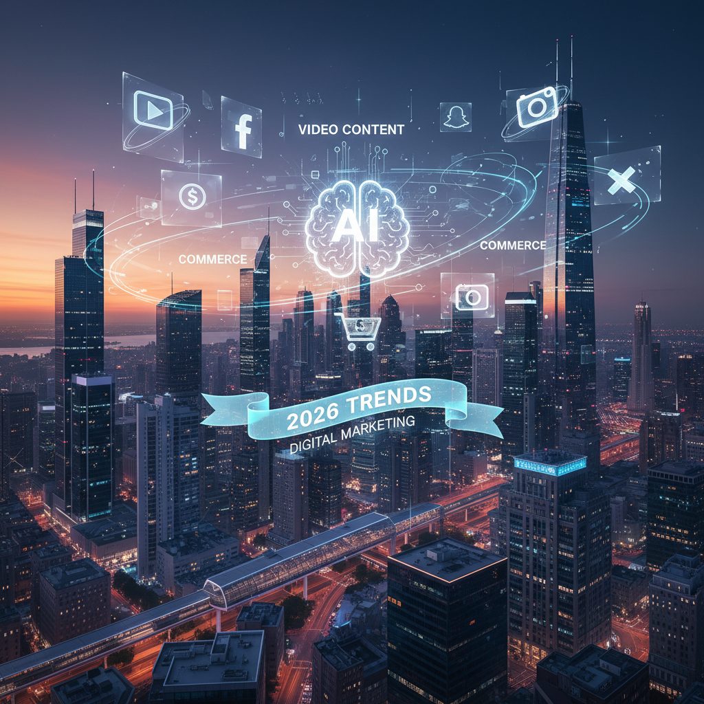 Tendances marketing digital 2026 avec icones futuristes