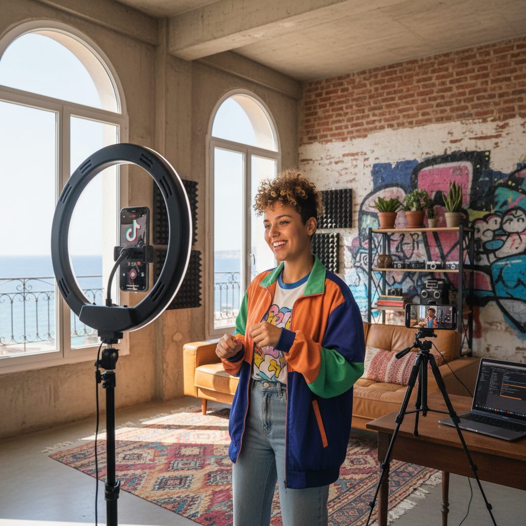 Creatrice de contenu filmant une video TikTok dans un studio a Marseille