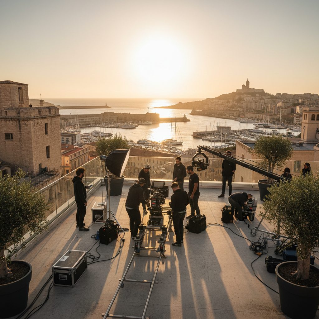 Tournage video professionnel sur une terrasse avec vue sur le port de Marseille