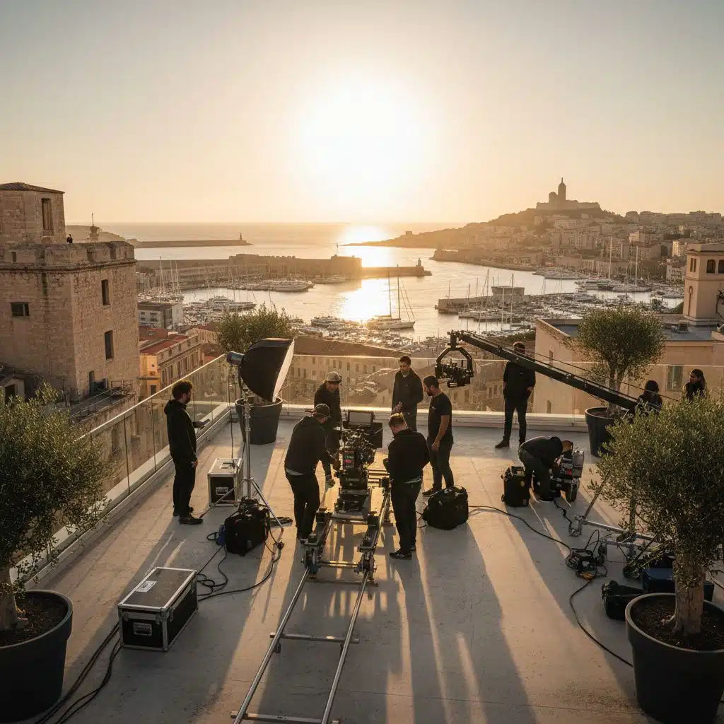 Tournage vidéo professionnel sur une terrasse avec vue sur le port de Marseille