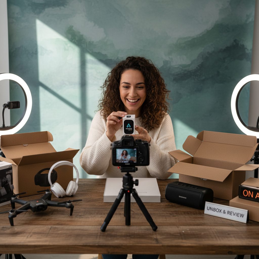 Créateur de contenu unboxing produit marque devant la caméra