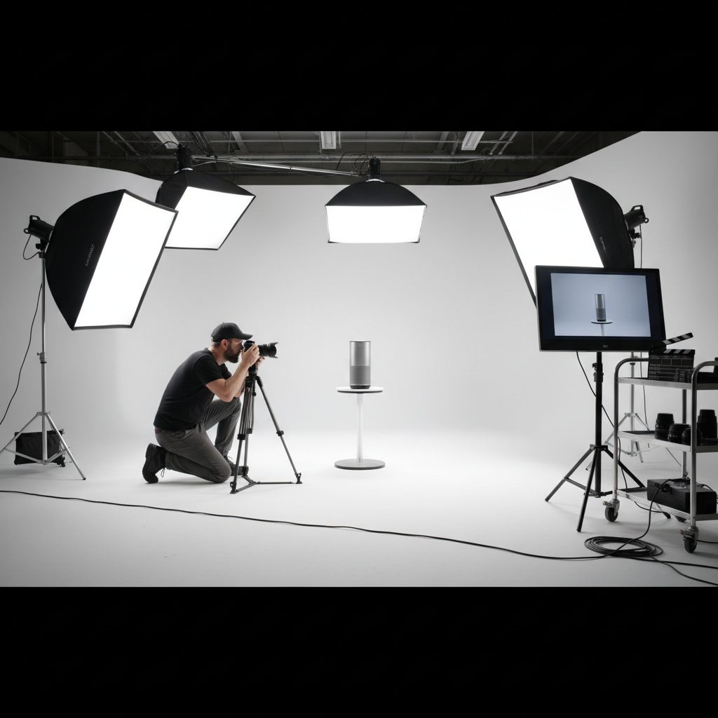 Videographe filmant un produit en studio avec eclairage professionnel