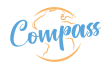 logo compass script bleu sur globe orange fond blanc, identité d'un client voyage tourisme accompagné en brand content par south management