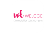logo weloge l'immobilier tout compris rose sur fond blanc, identité d'un client app immobilier accompagné en campagnes ads south management